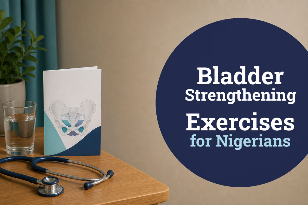 Bladder strengthening exercises for Nigerians, pelvic floor exercise guide with navy blue circle infographic