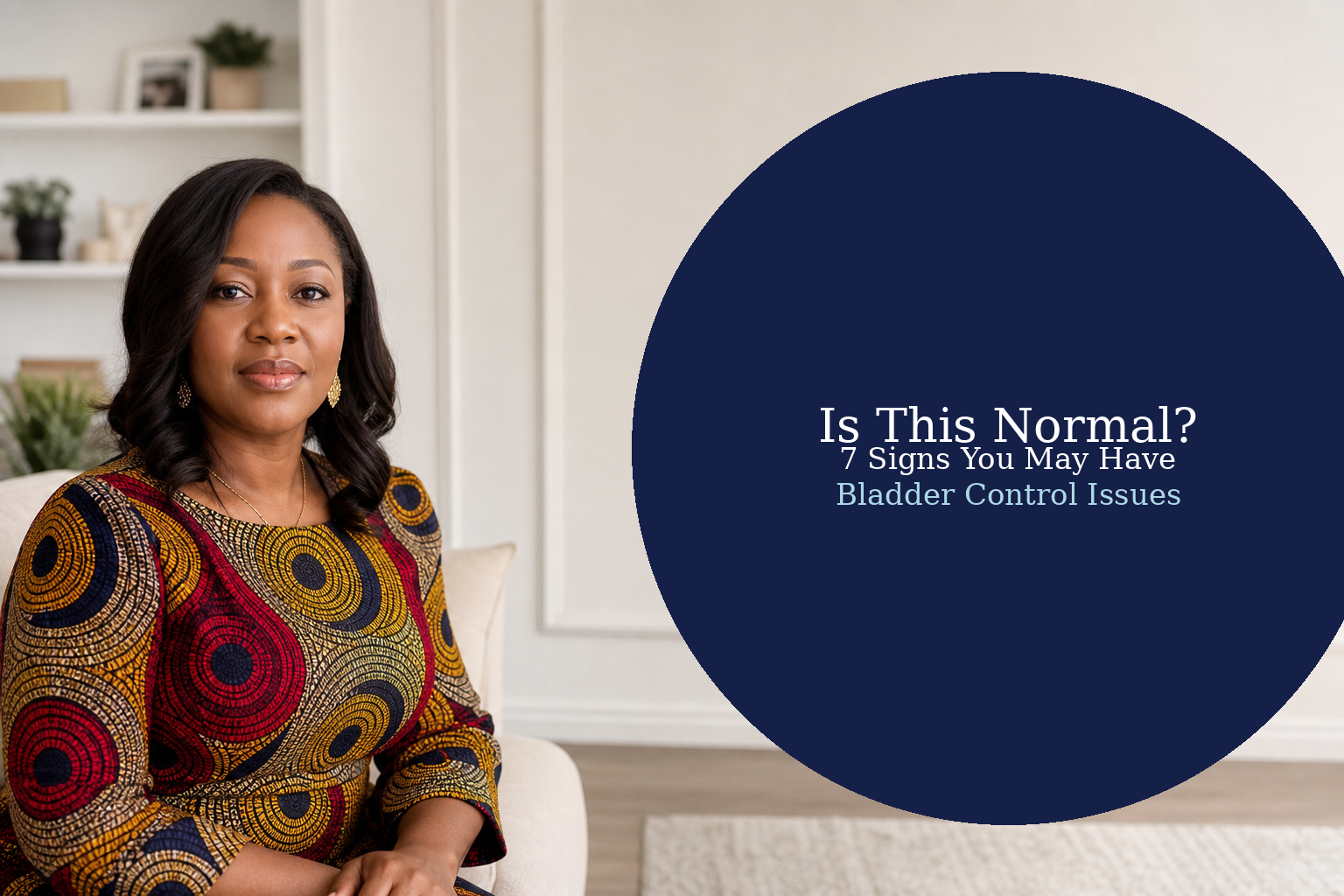Nigerian woman sitting with text overlay reading Is This Normal 7 Signs You May Have Bladder Control Issues