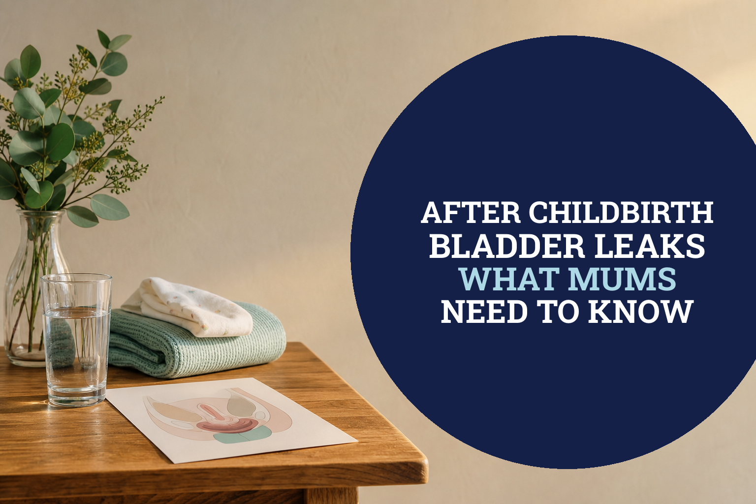 Postnatal mother care still life with text about bladder leaks after childbirth