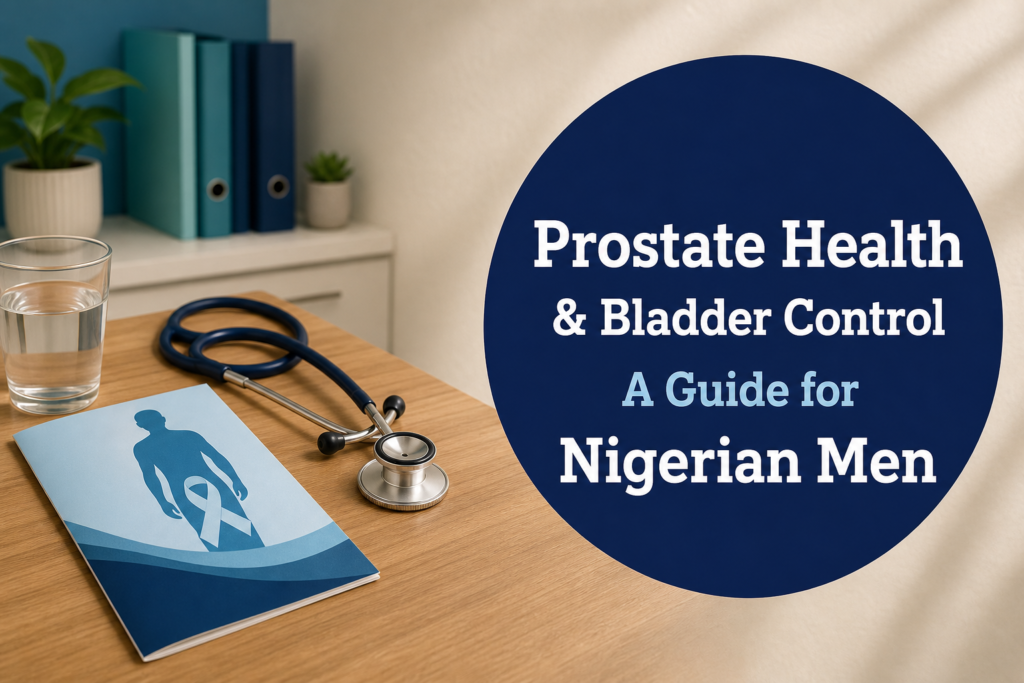 Prostate health and bladder control guide for Nigerian men - medical consultation scene with navy text overlay in Museo Slab font