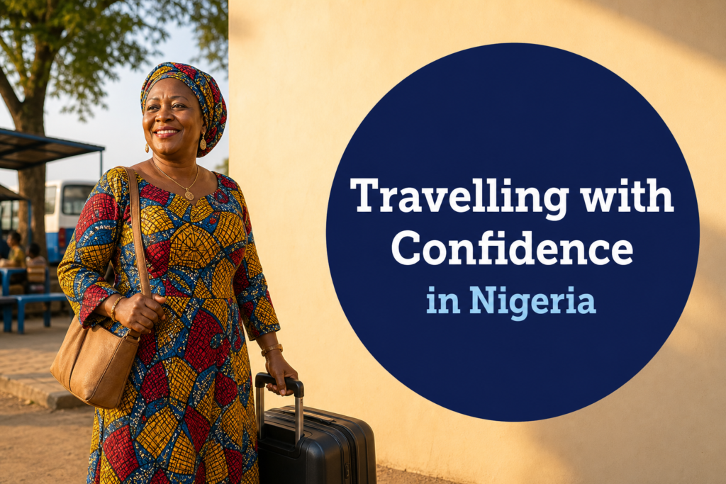 Woman travelling confidently with incontinence care products in Nigeria - travel and confidence themed featured image with navy text overlay in Museo Slab font