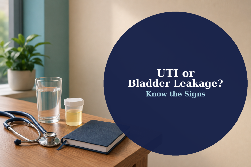 Healthcare still life with stethoscope, glass of water, symptom diary and sample container, illustrating UTI symptoms and bladder leakage.