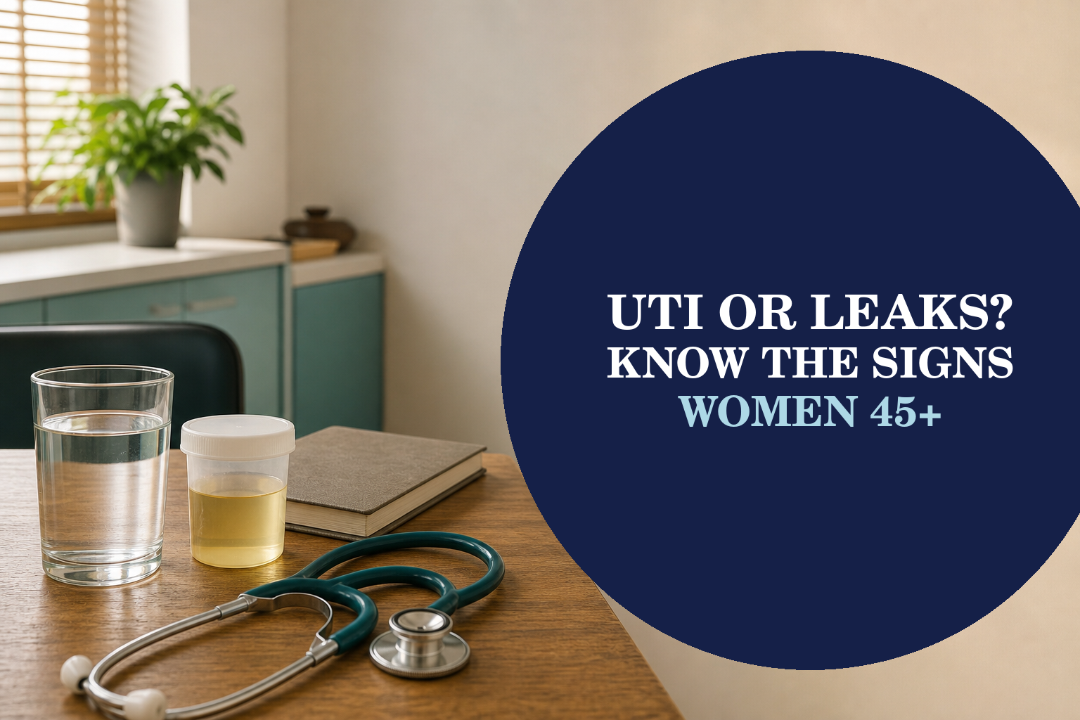 Clinic desk with water and a sample container, illustrating UTI symptoms and bladder leakage